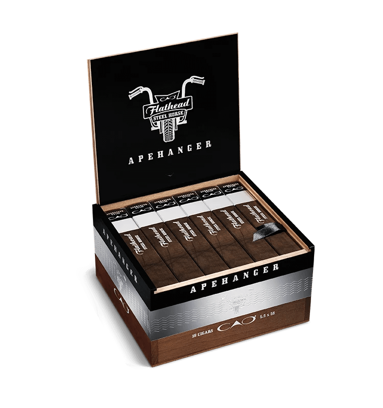 Open box of CAO Steel Horse cigars with rugged, dark wrappers and bold steel-themed branding.