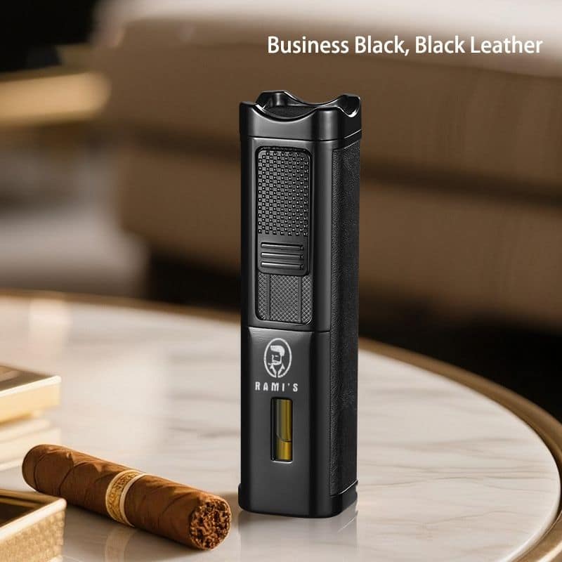 Rami's Black matte with black leather triple flame cigar lighter with built -in punch and cigar poker