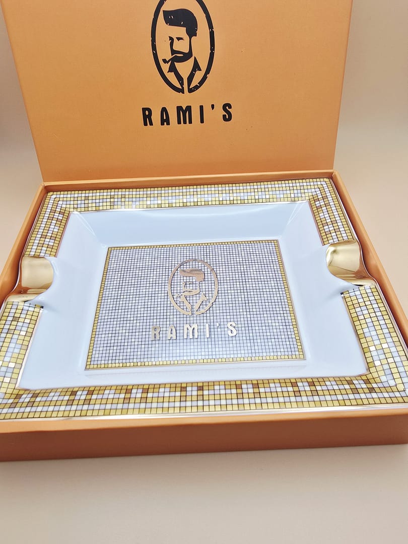 Rami’s Golden Ceramic Cigar Ashtray in luxury gift box with gold mosaic design