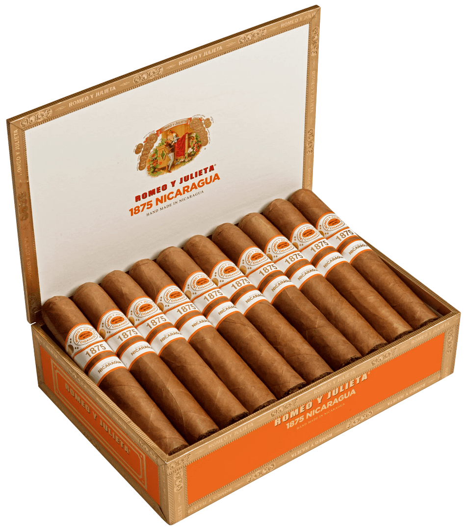 Open box of Romeo y Julieta 1875 Nicaragua cigars featuring dark Nicaraguan wrappers and elegant red-and-gold bands.
