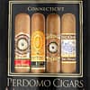 Four Perdomo cigars in Fresh Humidity Packs, featuring different styles: Perdomo Connecticut, Perdomo 10th Anniversary Connecticut, Perdomo 20th Anniversary, and Perdomo Lot 23 Connecticut, each displayed in their individually sealed, humidity-controlled pouches to preserve freshness and flavor.