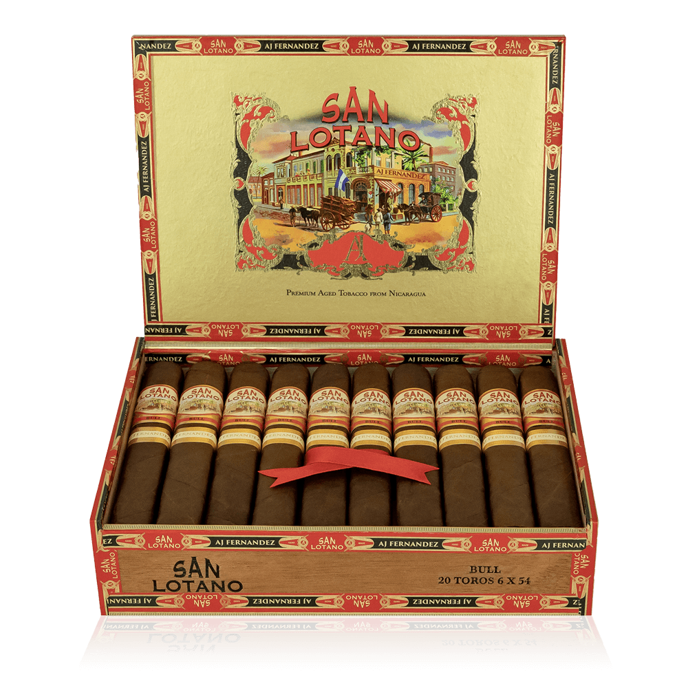An open box of San Lotano The Bull Sumatra cigars, featuring dark, oily Sumatra wrappers and neatly arranged cigars, showcasing their bold, full-bodied appeal and rich, complex flavor profile