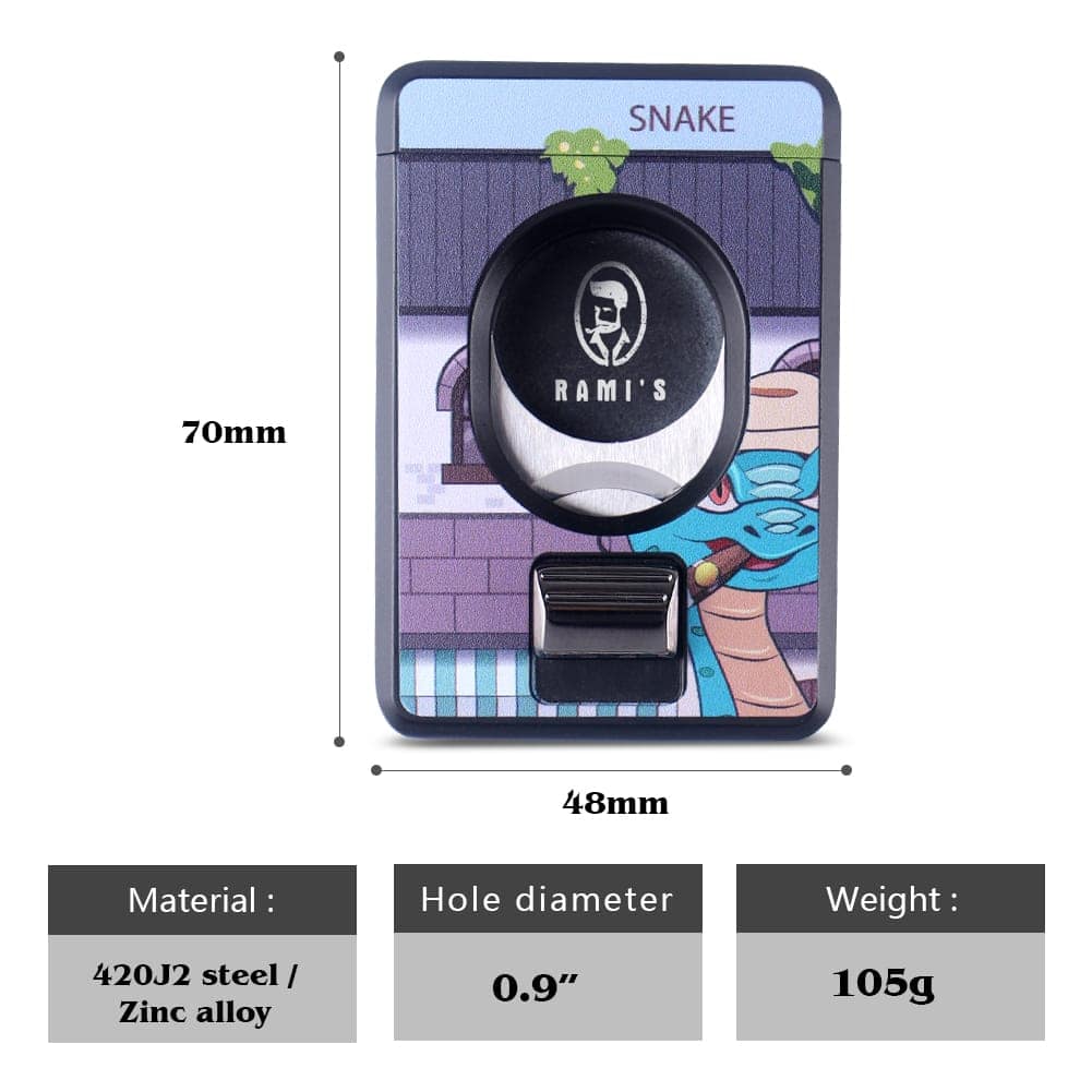 Rami’s Year of the Snake Cigar Cutter with 420J2 stainless steel blades and zinc alloy body, 70mm height, 48mm width, 0.9-inch hole diameter, 105g weight, featuring detailed snake motif