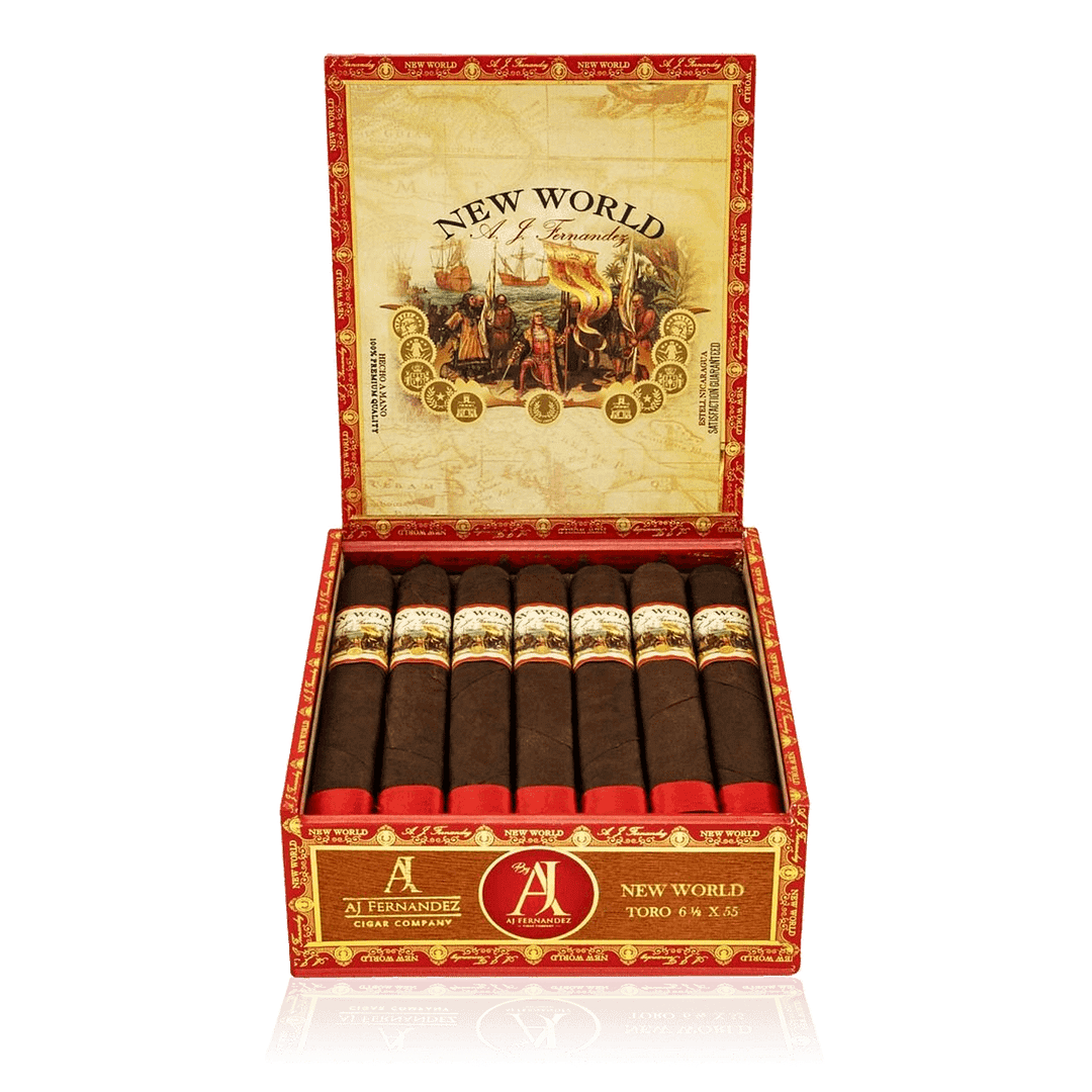 "An open box of New World Oscuro cigars, displaying dark, rich wrappers with detailed cigar bands