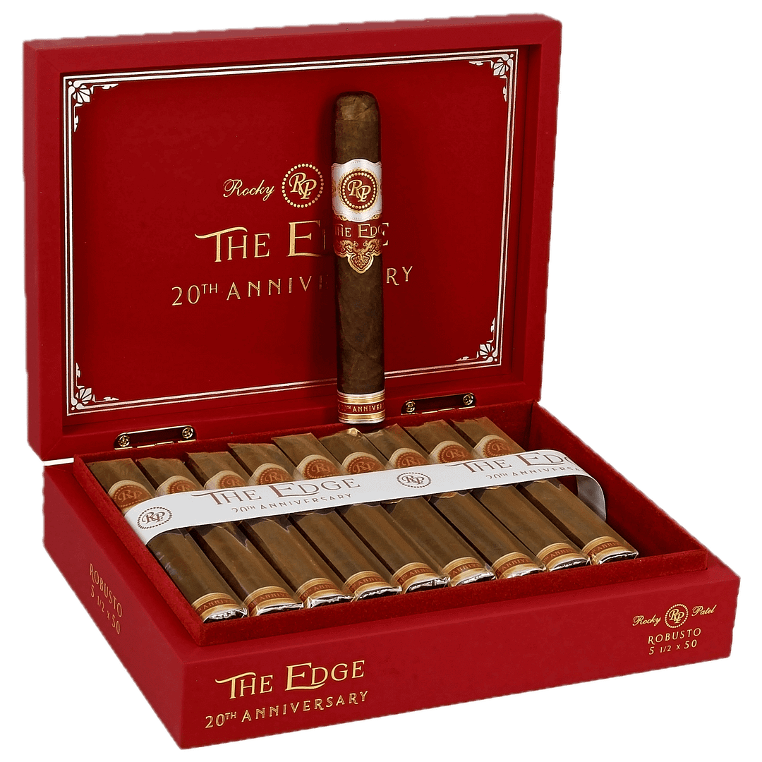 The Edge 20th Anniversary cigars with their premium packaging and bold, celebratory design.