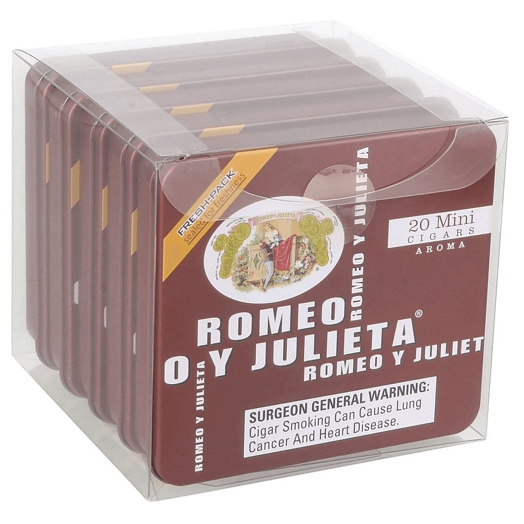 Closed box of Romeo y Julieta Minis featuring classic red, white, and gold branding in a compact tin.