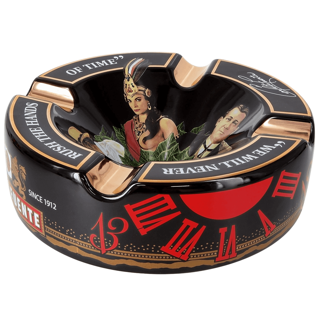 Arturo Fuente Ceramic Hands of Time Ashtray in black, featuring the iconic logo and hourglass design.