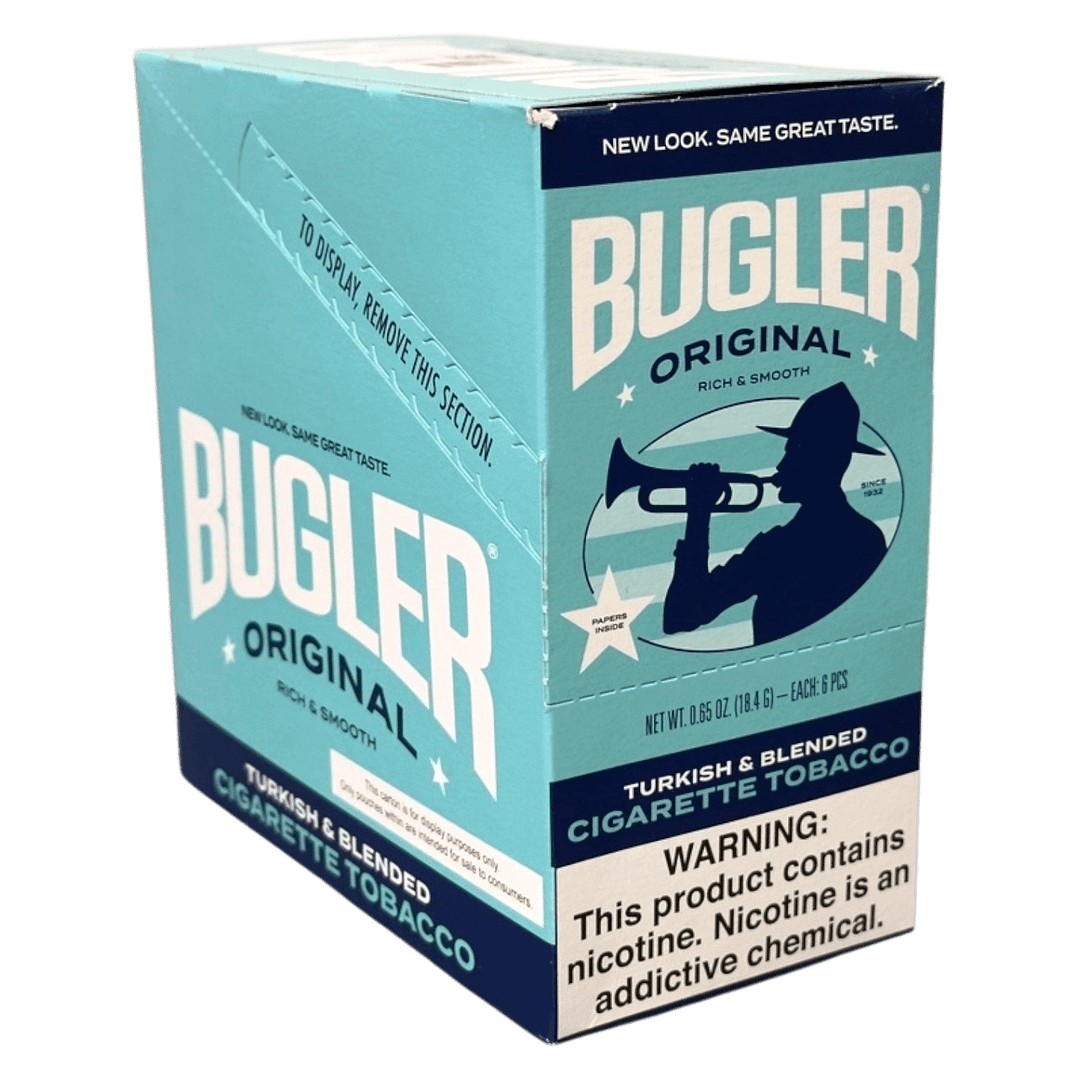 Box of Bugler RYO tobacco with 6 pouches, offering an economical option for roll-your-own smokers.