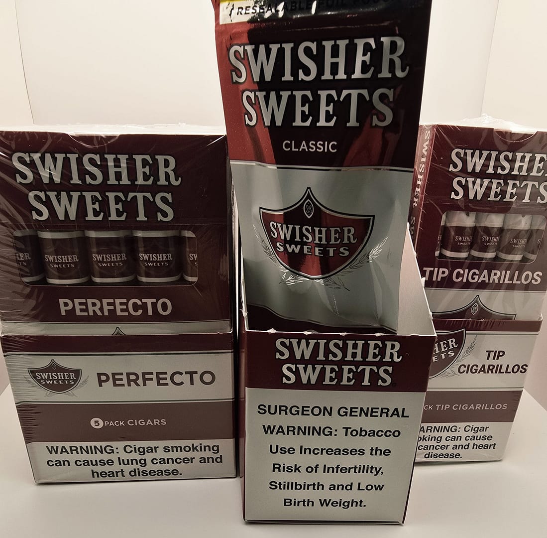 Box of Swisher Sweets Perfecto Cigarillos with plastic tips, each sealed in individual foil pouches.