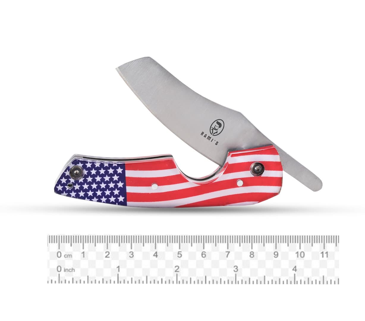 Rami’s American Flag Cigar Knife open, showing sharp blade and patriotic handle, positioned under a ruler to display measurements