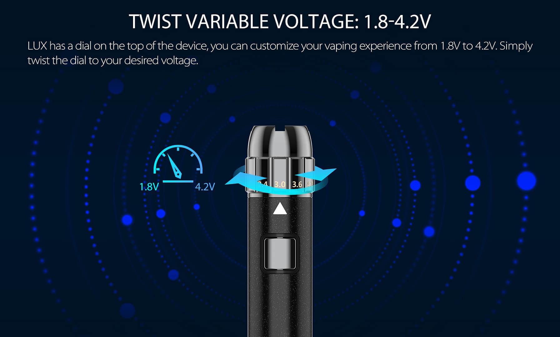 A Yocan Lux vape pen battery shown in a slim, cylindrical design with an adjustable voltage dial near the base.