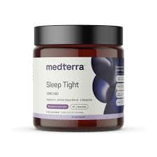 Jar of 20 Medterra Sleep Tight Gummies with berry-flavored gummies designed to support restful sleep.