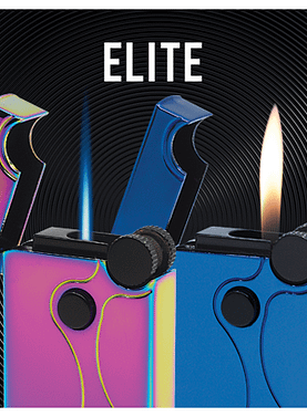 Two Vector Elite Dual Flame Lighters—blue with soft flame lit and pink with torch flame lit.