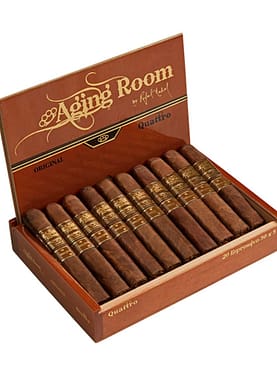 Aging Room Quattro Original cigar with a smooth Sumatra wrapper and box-pressed shape