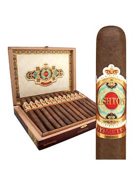 Open box of Ashton Symmetry cigars featuring expertly crafted Ecuadorian Habano-wrapped cigars with a rich, dark wrapper and gold band, arranged neatly in a cedar-lined box."