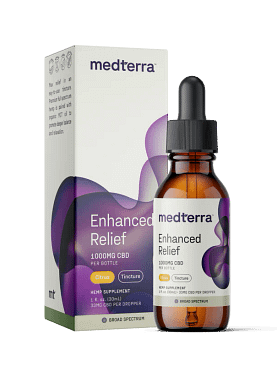 30 ml bottle of Medterra Enhanced Relief Oil Tincture with 100 mg CBD, turmeric, menthol, and ginger for enhanced pain relief.