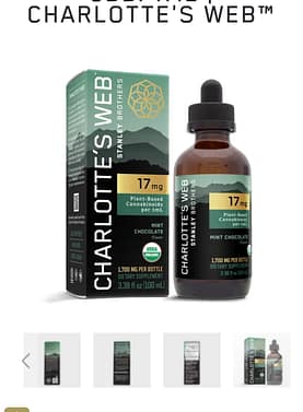 Charlotte’s Web 17MG CBD Oil bottle with branded packaging in the background, highlighting everyday wellness support.
