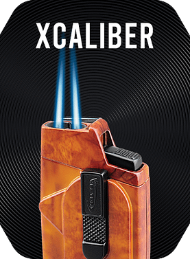 Marble mahogany Vector Caliber Lighter with double torch flame lit.