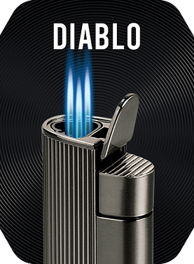 Gunmetal Vector Diablo Lighter with three torch flames lit.