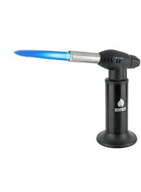 Refillable Jumbo Kitchen Butane Torch with a lit flame.