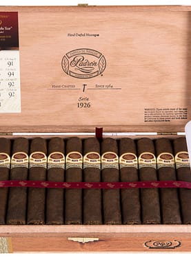 Open box of Padrón 1926 Anniversary Series Maduro cigars with dark, rich wrappers and signature Padrón bands