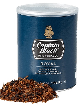 Can of Captain Black Royal pipe tobacco featuring elegant branding and a rich, aromatic blend.