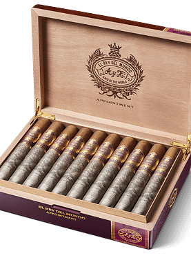 Open box of El Rey Del Mundo cigars neatly arranged with detailed branding on the inner lid.