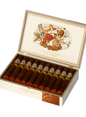 La Gloria Cubana Los Gloriosos cigar with ornate band and rich brown wrapper, displayed on a wooden surface.