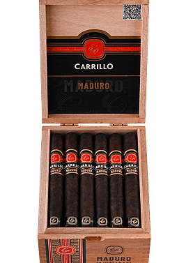 Open box of E.P. Carrillo Maduro cigars with dark, oily wrappers