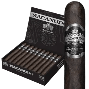 Open box of Macanudo Inspirado Black cigars featuring dark Ecuadorian wrappers and bold black-and-silver banding.