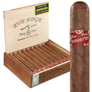 Open box of Rocky Patel The Edge Sumatra cigars with smooth, reddish-brown Sumatra wrappers and bold gold-accented bands.