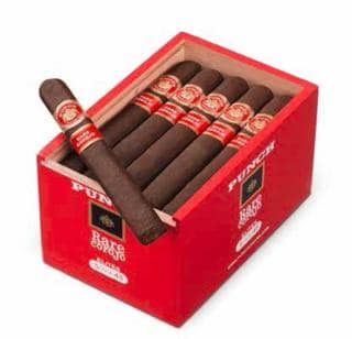 Open box of Punch Rare Corojo cigars neatly arranged in rows, showcasing the red and gold bands