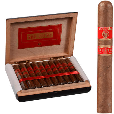 Open box of Rocky Patel Sun Grown cigars with rich brown wrappers arranged in cedar-lined packaging.