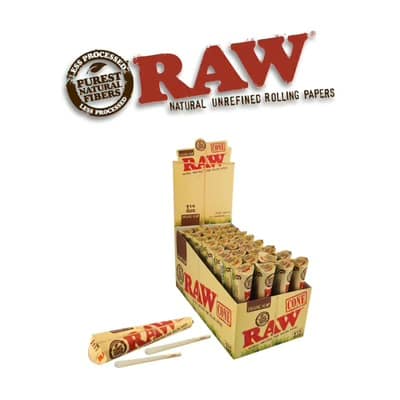 Display box of Raw Organic Hemp 1 1/4 Size Cones (32 Count)