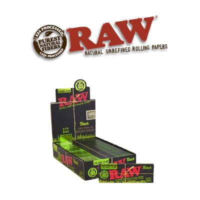 RAW Black Organic rolling papers display box of 24 packs with RAW logo in background