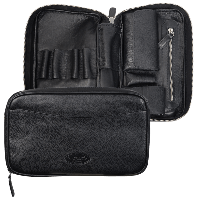 Comoys leather tobacco pouch with pipe travel case,open to show storage for 3 pipes and a zippered tobacco compartment