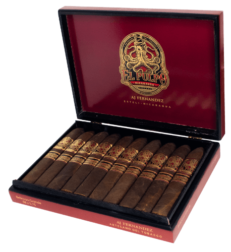 Open box of El Pulpo cigars by Artesano del Tabacco with dark, rich wrappers and ornate band