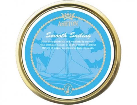 Ashton Smooth Sailing pipe tobacco tin featuring a flavorful blend with notes of maple, coconut, and dark chocolate.
