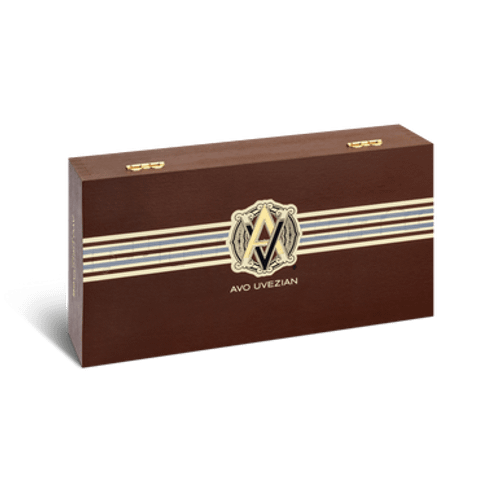 Closed box of AVO Heritage cigars featuring elegant branding and rich wood finish.