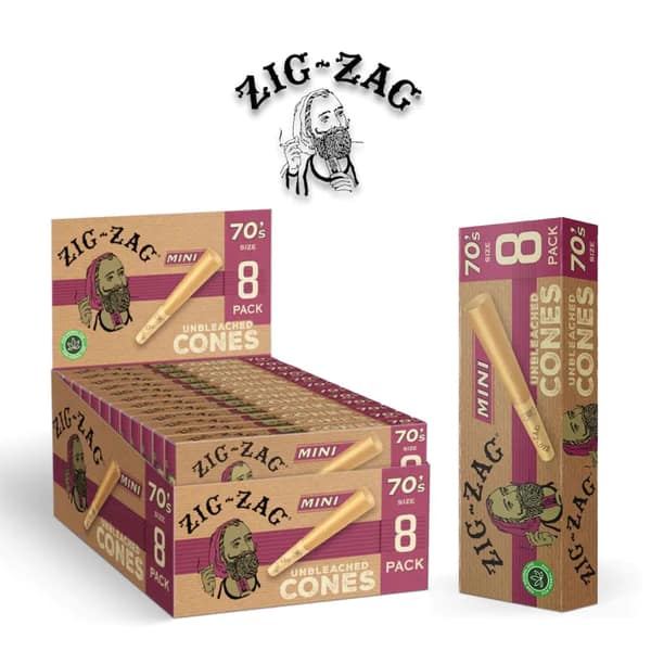Single pack of Zig Zag Unbleached Cone Mini Size 70's with open display box in the background, showing natural brown pre-rolled cones.