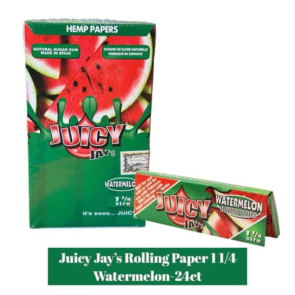 Single pack of Juicy Jay's Watermelon Flavor 1 1/4 rolling papers in the foreground with a closed display box in the background.
