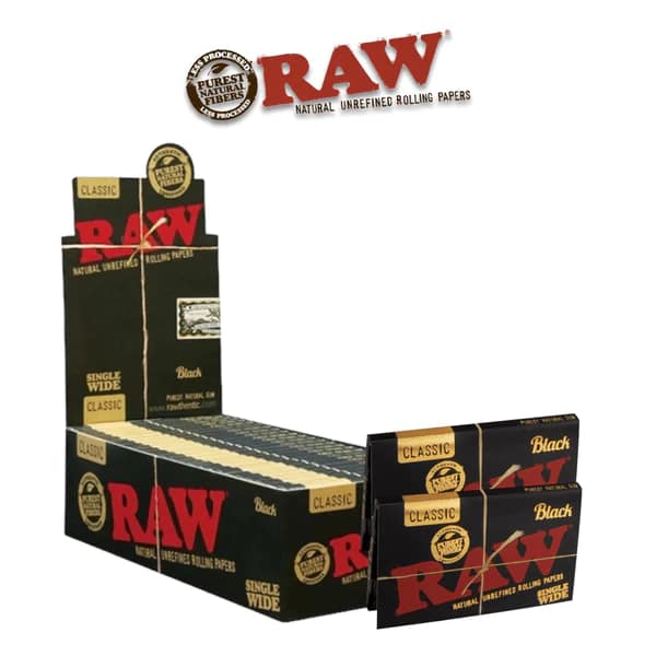 Open display of RAW Black Single Wide rolling papers showcasing their thin, natural hemp texture