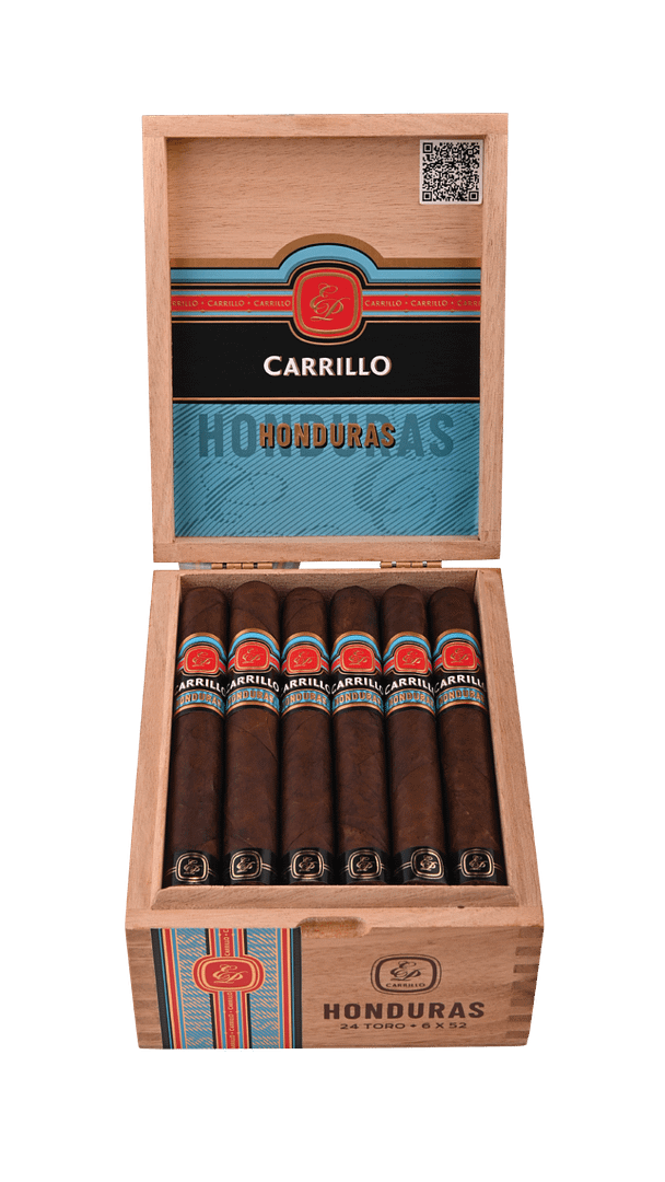 Open box of E.P. Carrillo Honduras cigars with smooth, brown wrappers
