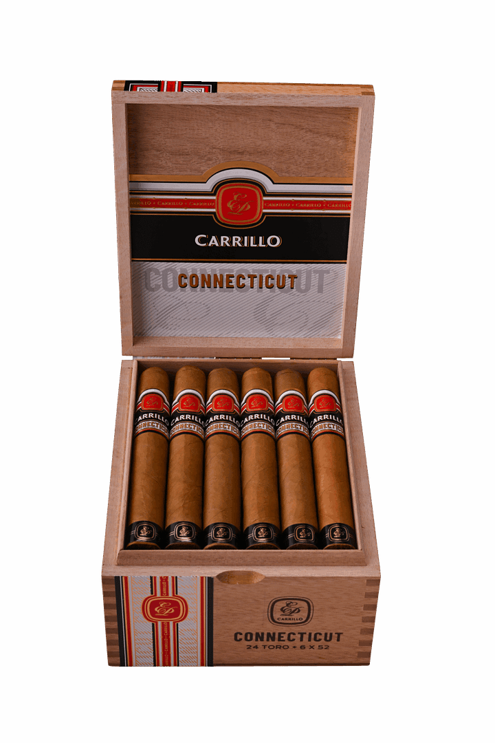 Open box of E.P. Carrillo Connecticut cigars with golden wrappers neatly arranged