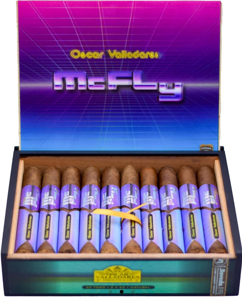Oscar Valladares McFly open cigar box with premium cigars