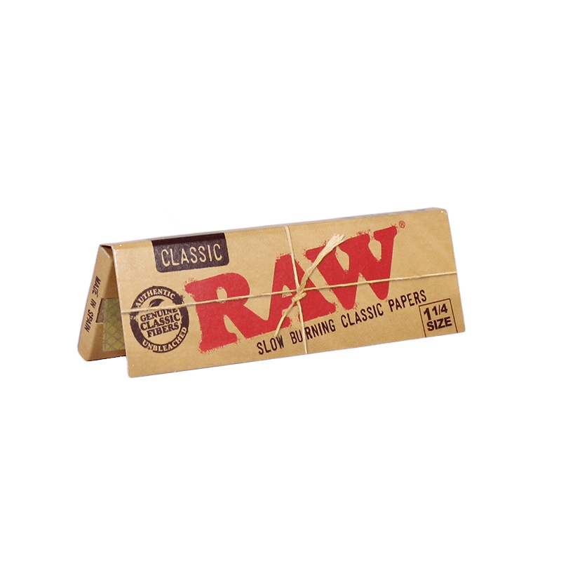 Single pack of RAW Classic 1 1/4 Rolling Papers with a natural, unrefined hemp texture.