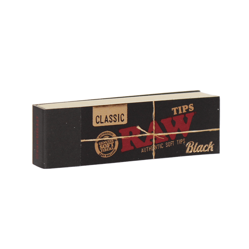 RAW Classic Tips Black – bundle of unrefined rolling tips displayed on white background