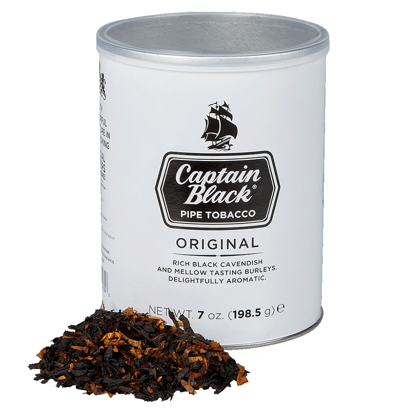 Can of Captain Black White pipe tobacco featuring classic branding and smooth, mild blend