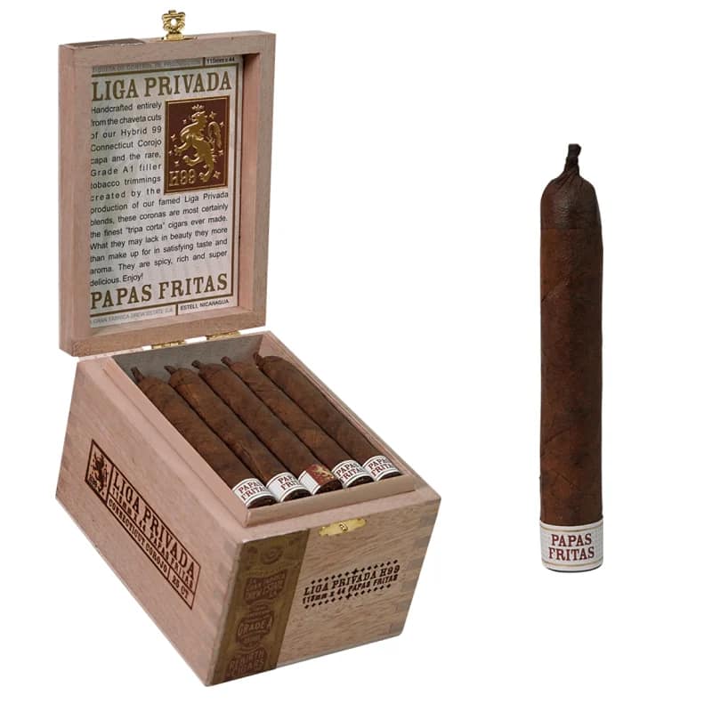 Liga Privada H99 Connecticut Corojo Papas Fritas single cigar with open box in background