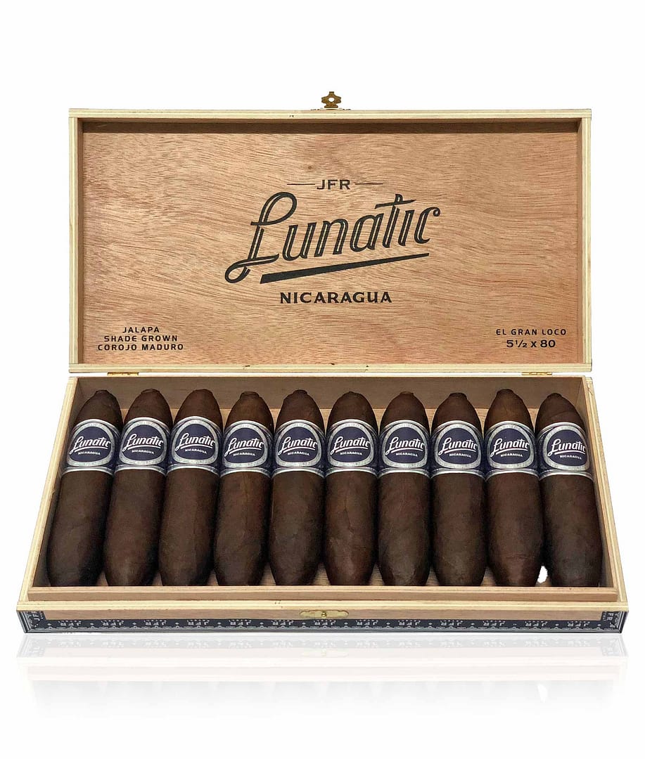 "Open box of JFR Lunatic El Loco cigars, showcasing their large ring gauge and rich, oily wrappers